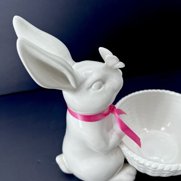 Williams Sonoma Ceramic Bunny Rabbit with Basket and Butterfly Candy Dish - Picture 5 of 8